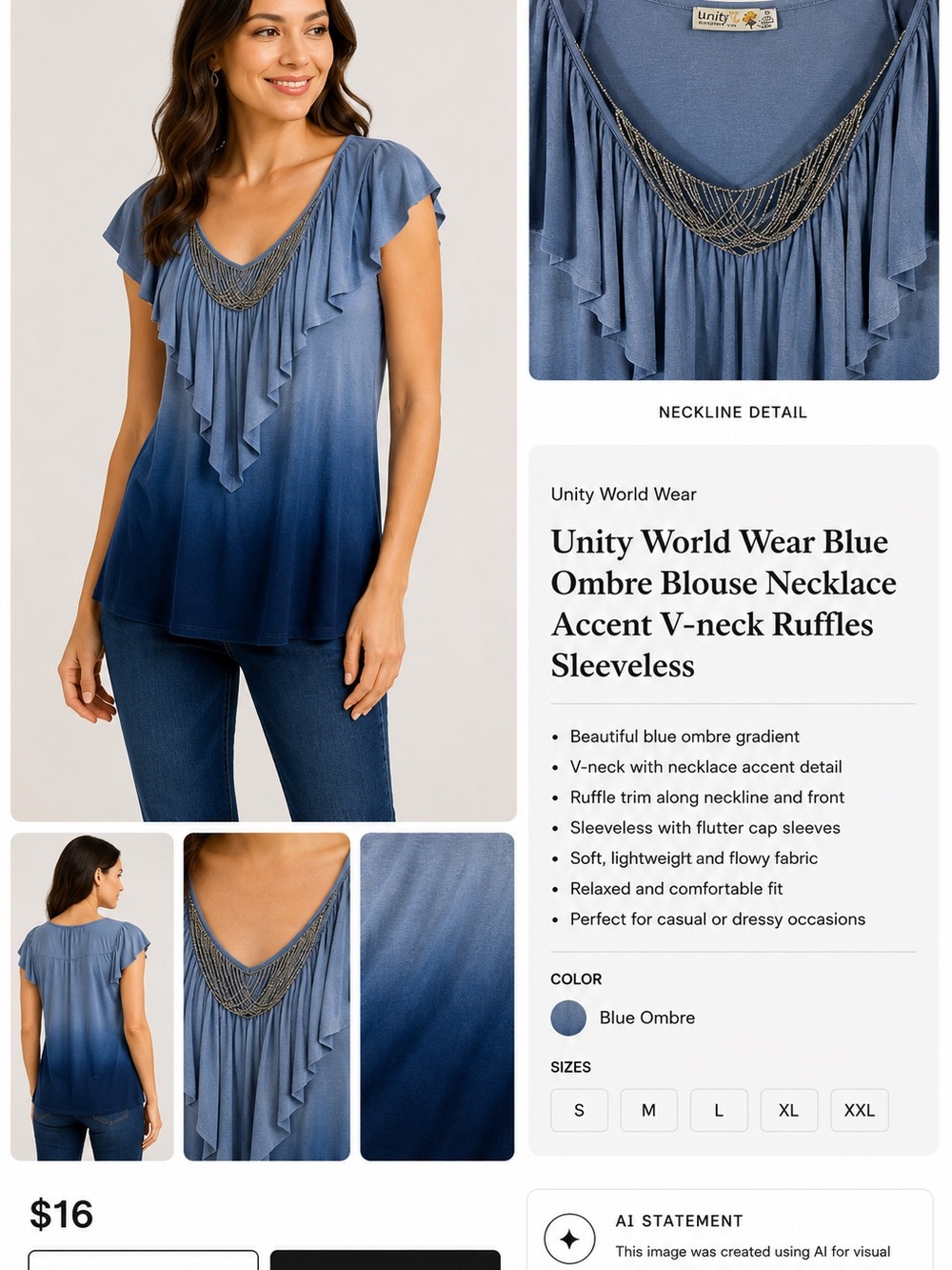 Unity World Wear Blue Ombre Blouse Necklace Accent V-neck Ruffles Sleeveless